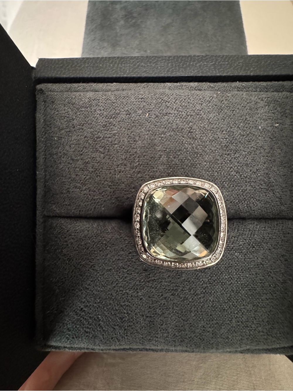 David Yurman Silver Ring with Faceted Light Green Cushion Stone and Pavé Halo